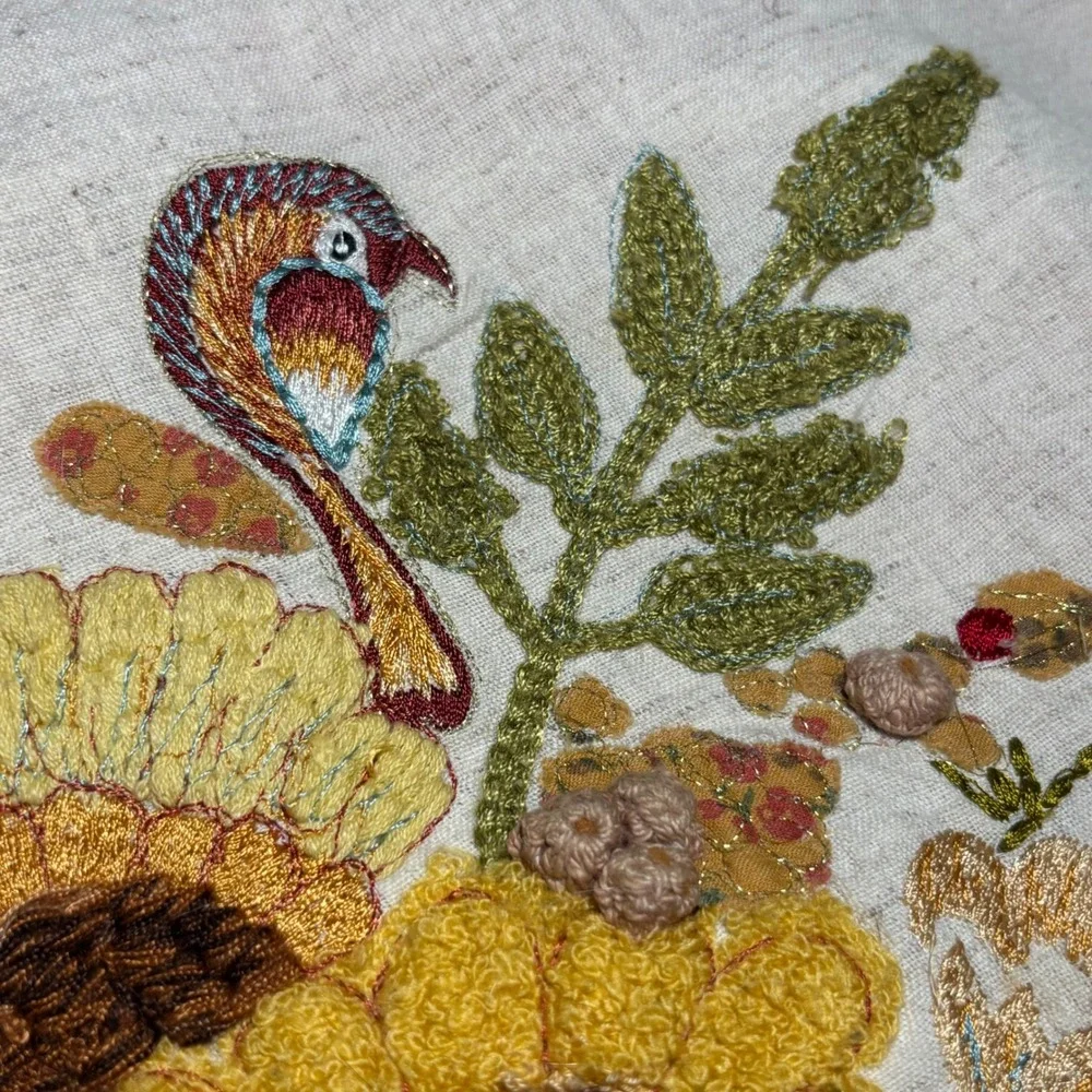 Pier 1 Pillow Cover Cream Orange Embroidered Sunflower Fall Harvest Floral Bird